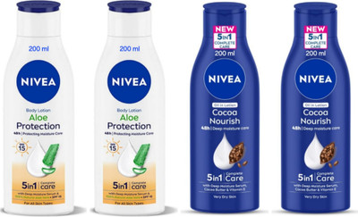 NIVEA Body Lotion 200ml - Aloe Protection -2pcs & Cocoa Nourish -2pcs (Pack of 4)(800 ml)