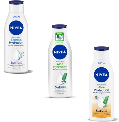 NIVEA Lotion 200ml- Express Hydration & Aloe Hydration & Aloe Protection (Pack of 3)(600 ml)