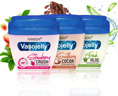 Nimson Vasojelly Aloe, Cocoa & Strawberry Petroleum Jelly | 48-Hour Moisture Pack of 3(150 ml)