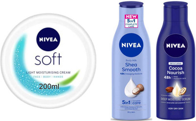 NIVEA Shea Smooth Milk 75ml and Cocoa Nourish 75ml and Soft 200ml Set of 3(350 ml)