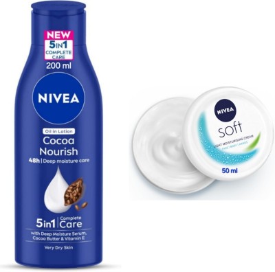 NIVEA Cocoa Nourish Body Lotion - 200ml & Soft Light Moisturizing Cream - 50ml(250 ml)