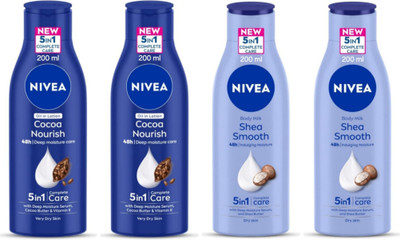 NIVEA Body Lotion 200ml - Cocoa Nourish -2pcs & Body Milk -2pcs (Pack of 4)(800 ml)