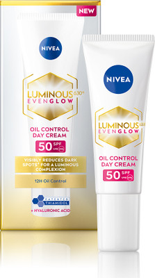 NIVEA LUMINOUS EVEN GLOW Oil Control Face Cream Women - SPF 50 UVA UVB, Reduces Dark Spots, Moisturizer(10 ml)