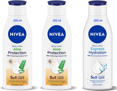 NIVEA Body Lotion 200ml - Aloe Protection SPF 15 -2pcs & Express Hydration (Pack of 3)(600 ml)