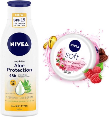 NIVEA Aloe Protection 200ml Lotion and Berry Blossom cream set of 2pc(400 ml)