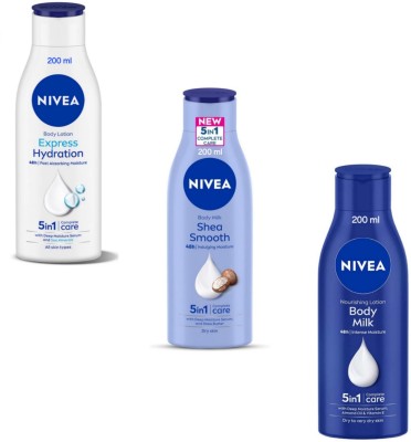 NIVEA Lotion 200ml- Express Hydration & Shea Smooth & Body Milk (Pack of 3)(600 ml)