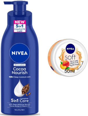 NIVEA Playful Peach 50ml Cream and Cocoa Nourish 400ml Lotion set of 2pc(450 ml)