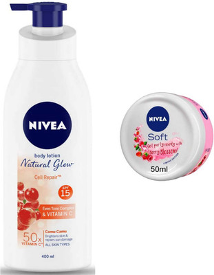 NIVEA Natural Glow Cell Repair 400ml lotion and Berry Cream 50ml Cream Set of 2(450 ml)