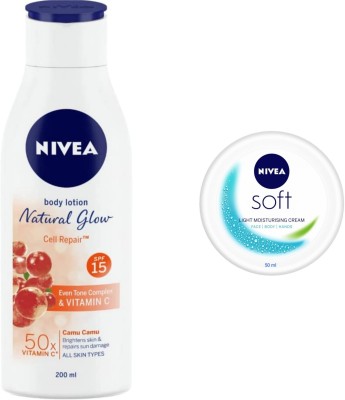 NIVEA Natural Glow Cell Repair Body Lotion 200ML & Soft Light Moisturising Cream 50ML(250 ml)