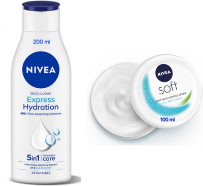 NIVEA Express Hydration Body Lotion - 200ml & Soft light Moisturizing Cream - 100ml(300 ml)