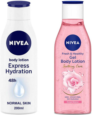 NIVEA Express hydration 200ml and Rose Gel 200ml Lotion(400 ml)