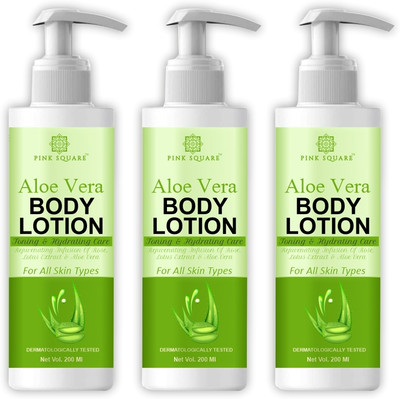 Pink Square Aloe Vera Body Lotion , Non-Sticky & fast absorbing Body lotion 200ML*3(600 ml)