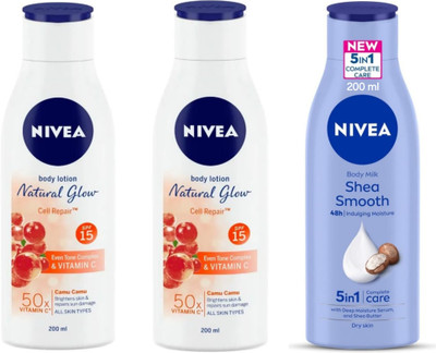 NIVEA Body Lotion 200ml - N.G. Cell Repair SPF 15 -2pcs & Shea Smooth (Pack of 3)(600 ml)