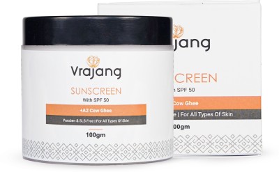 Vrajang Sunscreen enriched with Cow Ghee and SunCat De. SPF 50. UVA and UVB Protection.(100 g)