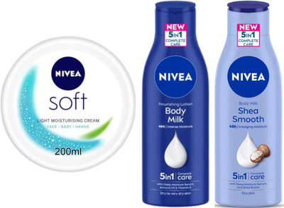 NIVEA Smooth milk 75ml and Bodymilk 75ml and Soft 200ml Set of 3(350 ml)