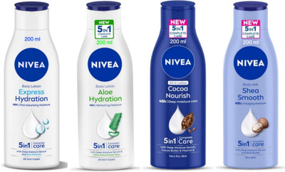 NIVEA Lotion 200ml - Express Hydration, Aloe Hydration, Cocoa N., Shea S. (Pack of 4)(800 ml)