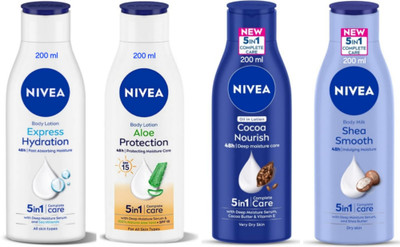 NIVEA Lotion 200ml - Express Hydration, Aloe Portection, Cocoa N., Shea S. (Pack of 4)(800 ml)