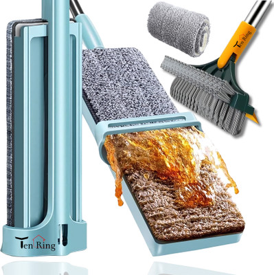 Tenring Squeeze Flat Mop with 3-in-1 Cleaning Brush Scrubber - Microfiber Floor Mop Wet & Dry Mop(Multicolor, Green 1.4 m)