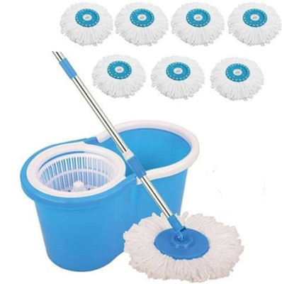Zelenor Magic Bucket Mop with 7 Microfiber Heads - 360 Degree Spinner Mop Set(Blue, White)