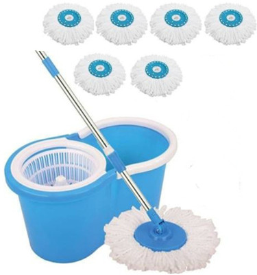 Zelenor 360 Degree Rotating Spin Mop with 6 Refill and Extendable Rods with Handle Lock Mop Set(Blue, White)
