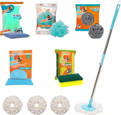 Pranay's Kleanup Combo Spin Mop-Rod Stick,Mop Head,Wipe,Scrubber,foam pad,loofah,scrubber&3Refill Mop Rod(Blue 1.19 m)