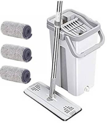 Upkaranwale White Flat Small Mop Bucket Set with 3 Mop Cloth(33cmX 12cm) Mop Set