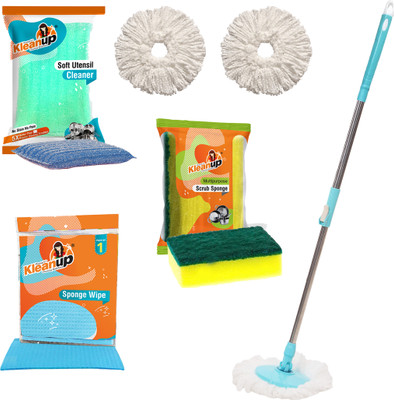 Pranay's Kleanup Combo Spin Mop-Rod Stick,Mop Head,Wipe,Scrubber,foam pad-2Refill-Wet-Dry 360 Mop Mop Rod(Blue 1.19 m)