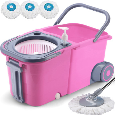 THUNDER FIT START FRESH Premium Double Bucket Spin Mop with 3 Super Microfiber Refills (PINK)(Plastic) Wet & Dry Mop(Multicolor)