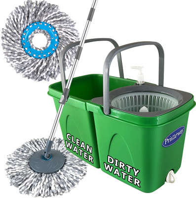 Primeway Double Bucket 360 Rotating Floor Cleaning Mop with 2 Microfibre 38cm Refills Mop Set(Green, Grey 1.27 m)