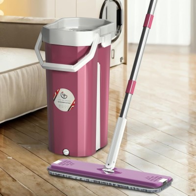 UPC Mop and Bucket with Wringer Set, Floor and Windows Type, 2 Microfiber Pads with Mop Set(Pink)