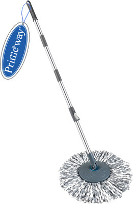 Primeway Stainless Steel Rotating Mop Handle with Plastic Disc and 38cm Grey Refill Wet & Dry Mop(Grey 1.24 m)