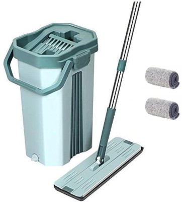 V2H Green Flat Small Mop Bucket Set with 2 Soft Refill Pads & Handle (38 cm X 12 cm) Mop Set(Blue)