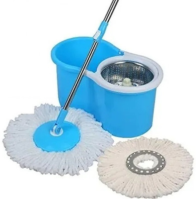 Ayush Premium Steel Basket 360° Self Spin with Rotating Head with extra refill Mop Set(Blue, White)