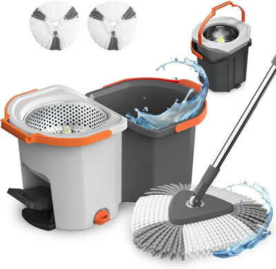 Lacossi Twin Spin Mop with Pedal Triangle,Extendable StainlesSteel Wringer Puller,Handle Mop Set(Grey, White)