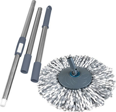 Primeway SS Rotating Spin Mop Handle with Plastic Disc and 38cm Grey Refill Wet & Dry Mop(Grey 1.27 m)