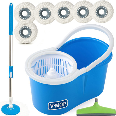 V-MOP Classic Magic Dry Bucket Mop - 360 Degree Self Spin Wringing With 6 Super Absorb Mop Set(Multicolor)