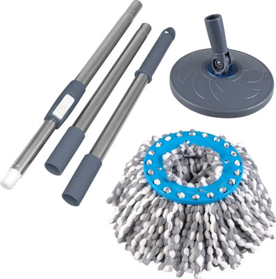 Primeway Stainless Steel Magic Spin Mop Handle with Plastic Disc and 38cm Grey Refill Wet & Dry Mop(Grey 1.27 m)