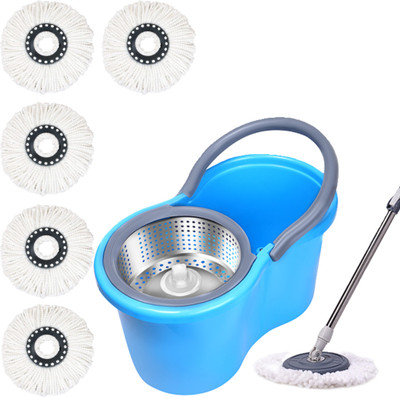 JSN Premium Steel Basket 360° Self Spin with Rotating Head with 5 extra refill Mop Set
