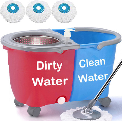 THUNDER FIT START FRESH Big jumbo Double Bucket with 4 Wheel Trolley Mop (Steel) (Maroon) Wet & Dry Mop(Multicolor)