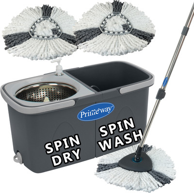 Primeway SS Upgraded Hydraulic Handle Twin Bucket, Triangular 3 Refills Wash & Dry Spin Mop Set(Grey 1.3 m)