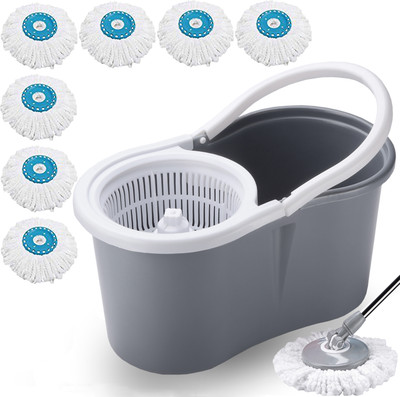 V-MOP Premium Grey Classic Spin Bucket Mop with 7 Head Mop Set(Multicolor)