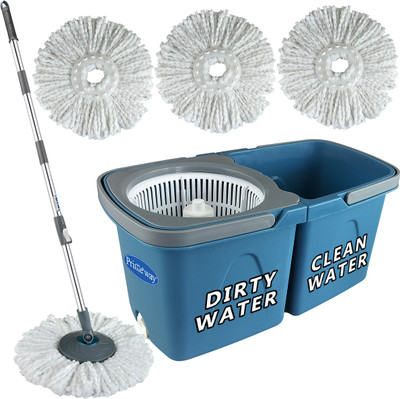 Primeway PP SS Mini Twin Bucket, Rotating Spin Mop with 4 Microfibre Refills 36cm, 3 Ltr Mop Set(Blue, Grey 1.27 m)