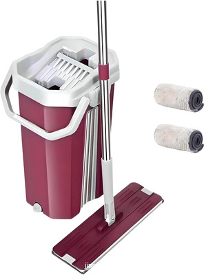 Upkaranwale Fushcia Flat Large Mop Bucket set with 2 Mop Cloth(38cmX13cm) Mop Set(Maroon)