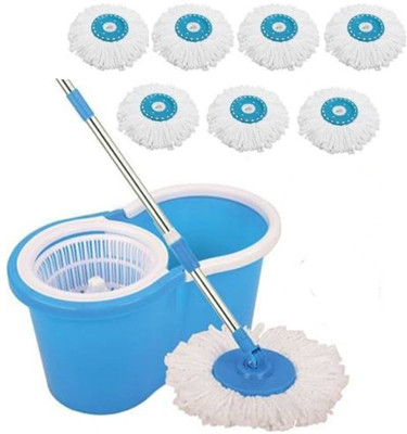 Zelenor 360 Degree Rotating Spin Mop with 7 Refill and Extendable Rods with Handle Lock Mop Set(Blue, White)