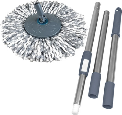 Primeway Stainless Steel Rotating Mop Handle with Plastic Disc and Diameter 38cm Refill Wet & Dry Mop(Grey 1.27 m)