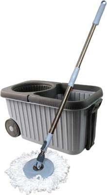 DRUMSTONE 360° Spin Mop & Bucket with Wheels – Dual Drive Wringer, Extendable Handle Mop Head and Rod(Grey)