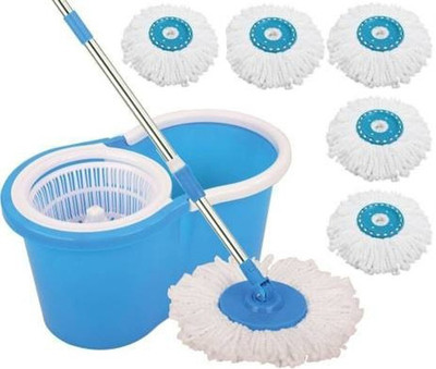 Zelenor 360 Degree Spin Blue Bucket Mop with 5 Additional Microfiber Refills Mop Set(Blue, White)