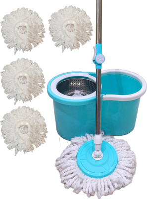 Ayush Premium Steel Basket Self Spin with Rotating Head with 4 extra refill Mop Set(Green, White)