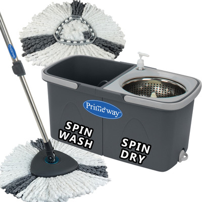 Primeway SS Upgraded Hydraulic Handle Twin Bucket, Triangular 2 Refills Wash & Dry Spin Mop Set(Grey 1.3 m)