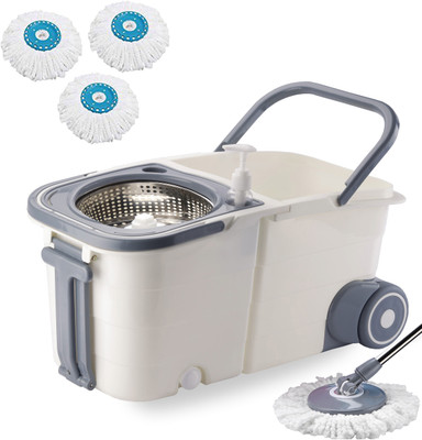 V-MOP Premium Twin Double Bucket Wheel Mop (( 6 Months Warranty on Rod Set ))56 Mop Set(Silver)